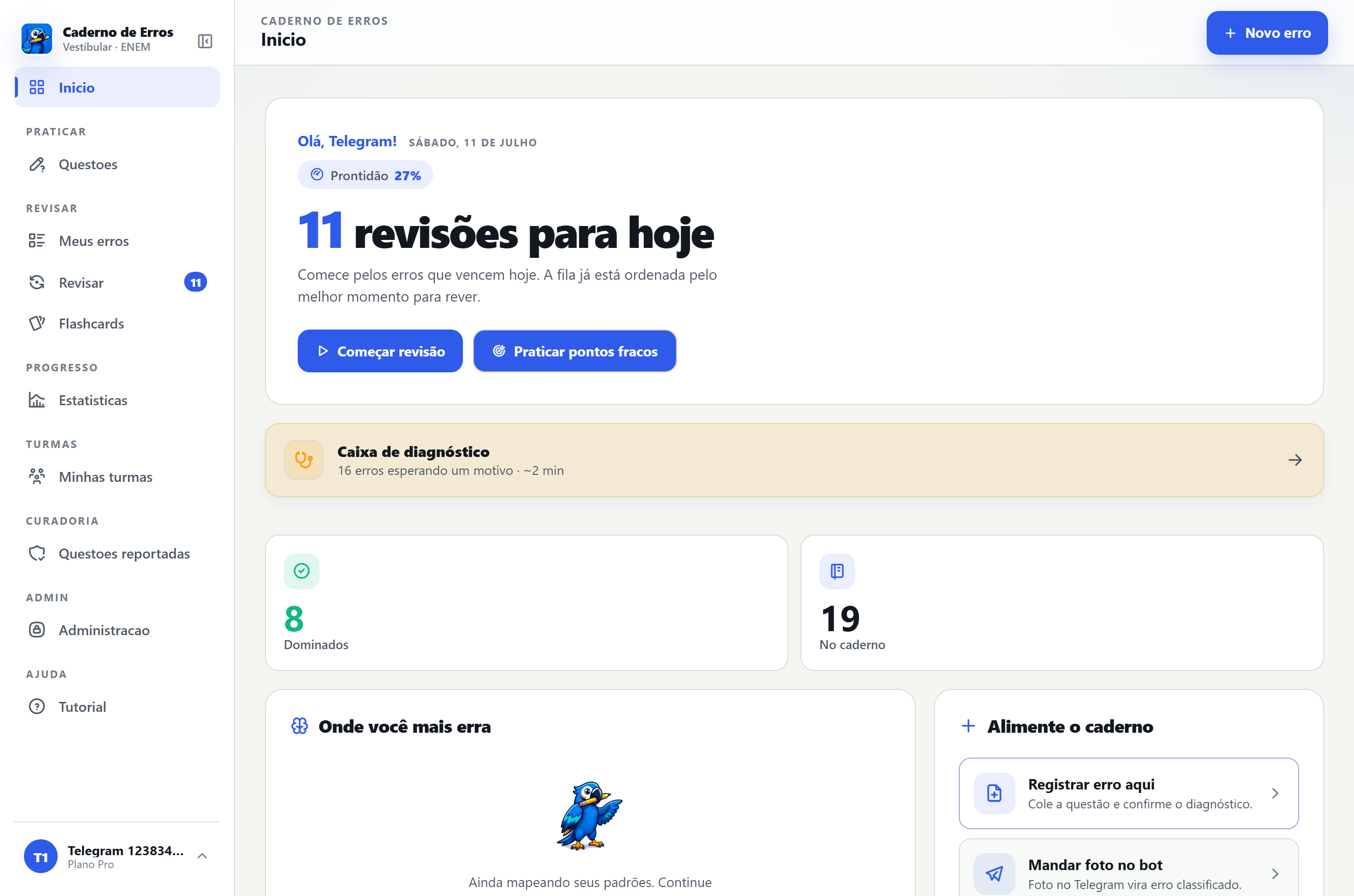 Painel atual do Caderno de Erros: início, revisão e captura de erros